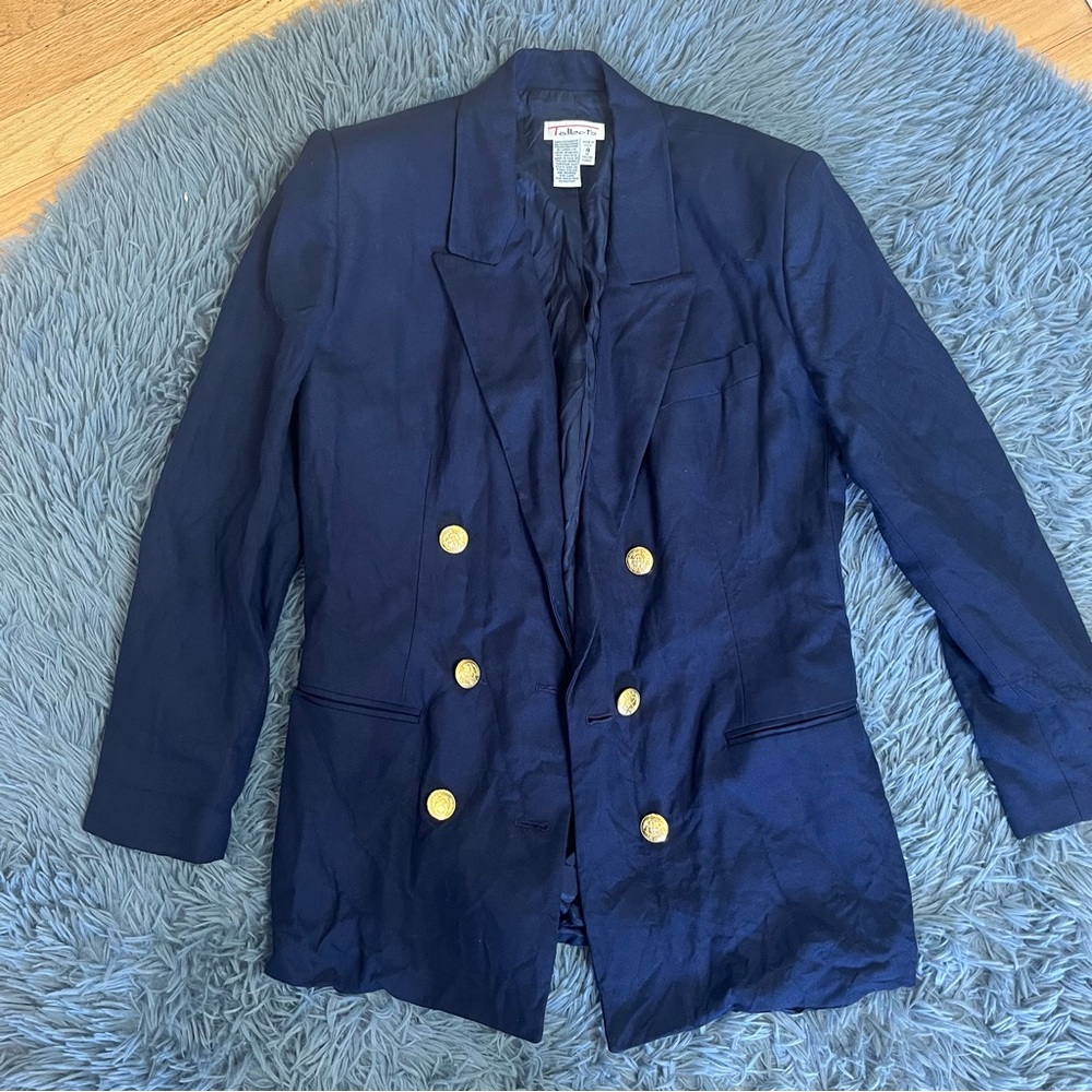 Talbots Navy Blue Double Breasted Linen Blazer With Gold Buttons Nautical